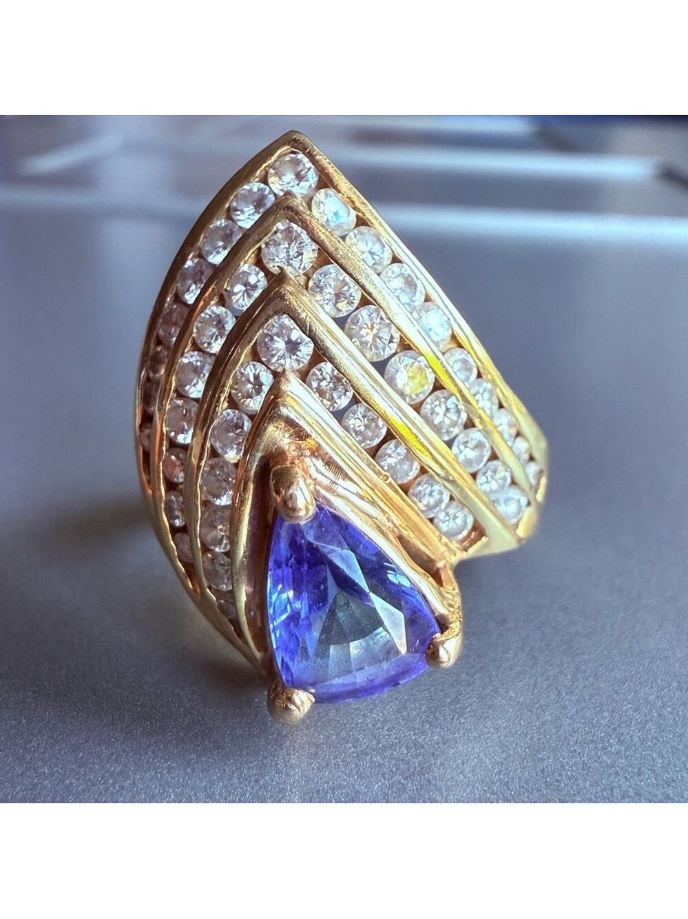 Estate 14k Yellow Gold AAA Tanzanite & Diamond V Shape Cocktail Ring W A…